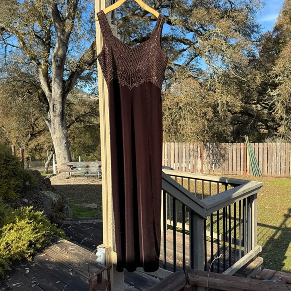 Y2K Velvet Beaded long maxi dress brown size 10 zipper closure amazing detail - Picture 8 of 11